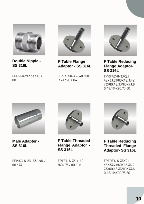 SS 316L Double Nipple, Flange Adaptors, and Male Adapter for industrial applications.
