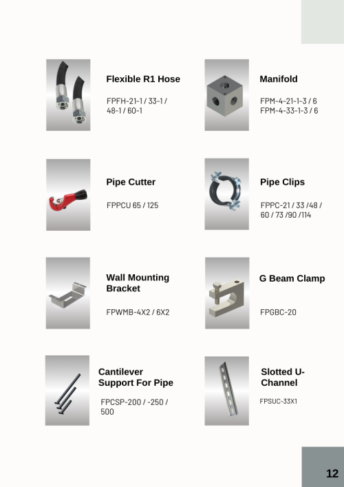 Flexible hose, slotted U-channel, cantilever support, G beam clamp, wall mounting bracket, pipe clips, pipe cutter, and manifold for pipe installations.