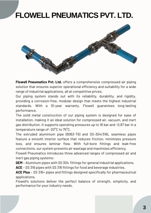 Flowell Pneumatics compressed air and inert gas piping solutions for industrial applications with aluminum, SS 304, and SS 316L pipes.