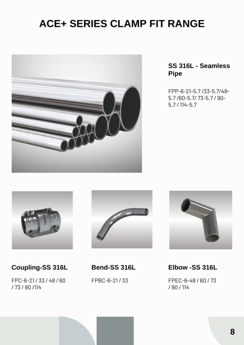 ACE+ Series SS 316L seamless pipe, coupling, bend, and elbow clamp fit fittings.