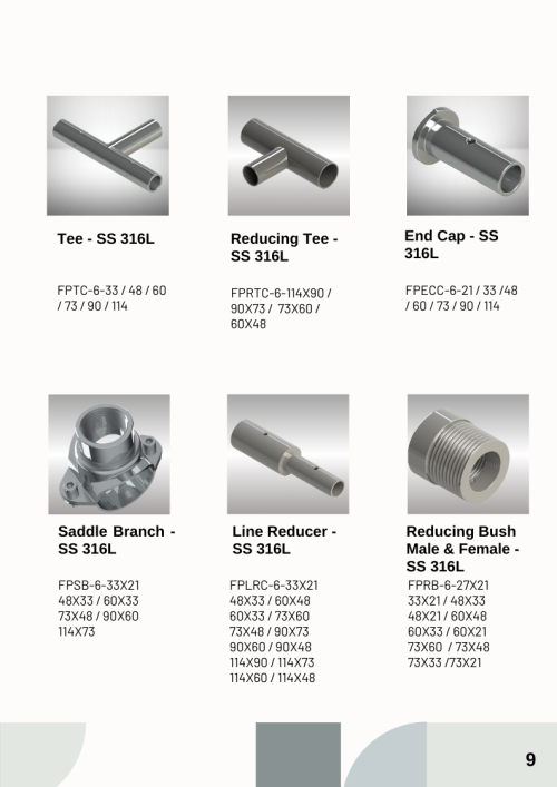 SS 316L Reducing Bush, Line Reducer, Saddle Branch, End Cap, and Reducing Tee fittings.
